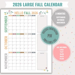 Fall Calendar 2026: Large 3-Month Planner (Digital Download)