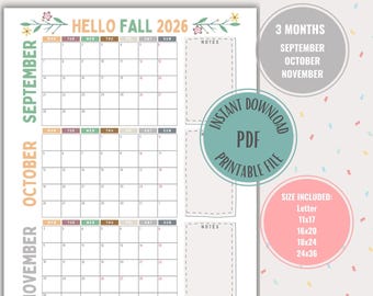 Calendario de otoño de 2026: Planificador grande de 3 meses (descarga digital)