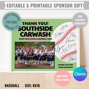 Cadeau modifiable pour les sponsors de baseball en téléchargement numérique Merci pour le certificat d'appréciation Photo de l'équipe pour le softball avec la signature du joueur