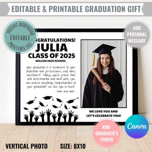 Grupo de formatura editável ou presente individual para impressão digital para download de certificado de felicitações com moldura de cartão com foto e nota da turma de 2025