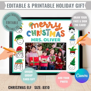 Carte de groupe de joyeux Noël modifiable, imprimable en téléchargement numérique, bricolage pour créer un espace créatif unique et amusant pour l'entreprise, l'équipe familiale, l'elfe de griffonnage