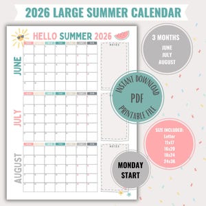 2026 Summer Calendar: Large Printable Planner Poster (PDF Download) Monday Start