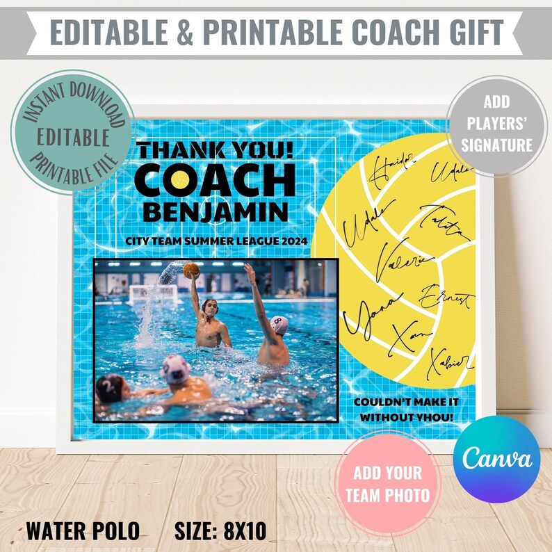 Editable Water Polo Coach Gift Printable Instant Digital Download