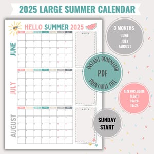 Summer Calendar, Large Planner Poster, Printable Digital Download Easy Cute Schedule for Kids, Fun Summer Calendar, Sunday Start 2025
