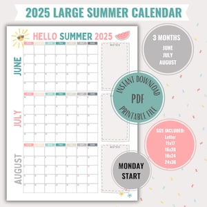 Sommerkalender, großes Planner Poster, druckbarer digitaler Download, Einfacher niedlicher Stundenplan für Kinder, lustiger Sommerkalender, Montag Beginn 2025