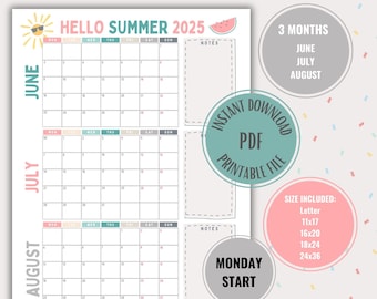 Summer Calendar, Large Planner Poster, Printable Digital Download Easy Cute Schedule for Kids, Fun Summer Calendar, Monday Start 2025