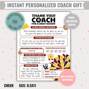 Tutto sul mio allenatore di cheerleading, regalo stampabile, download digitale istantaneo, biglietto di ringraziamento personalizzato per la squadra di cheerleading di fine stagione