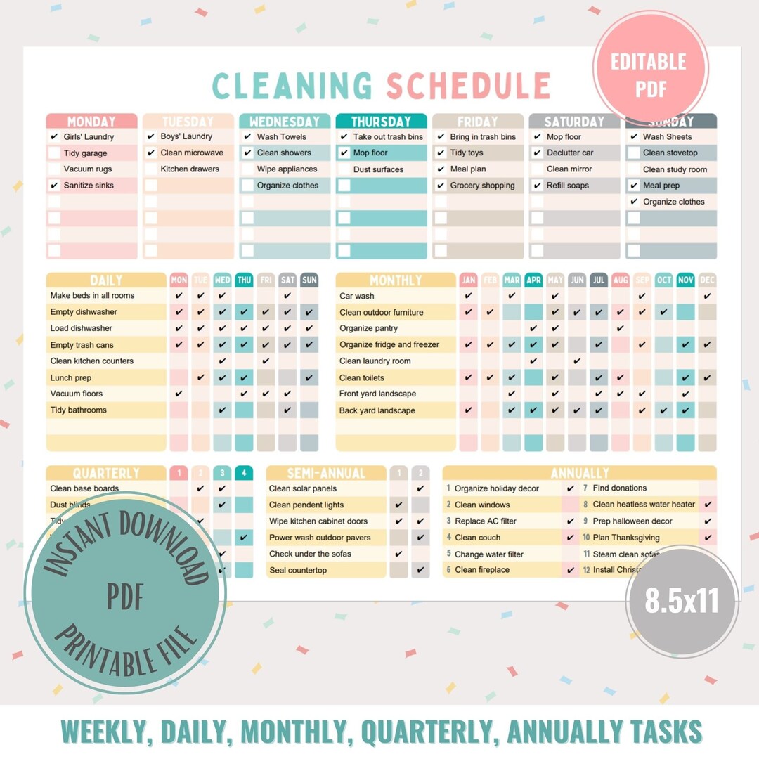 Editable Cleaning Schedule Planner: Family Chore Chart (digital ...