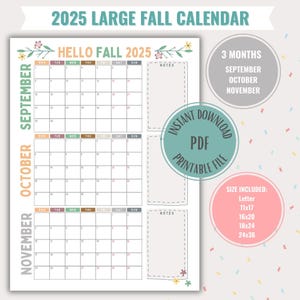 Herbstkalender Großer Planer Herbst Wandkalender Druckbarer Digitaler Download Familienplaner Großer Herbstkalender 3-Monatsplaner 2025 BTS
