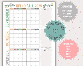 Fall Calendar Large Planner Fall Wall Calendar Printable Digital Download Family Planner Large Fall Calendar 3 Month Planner 2025 BTS