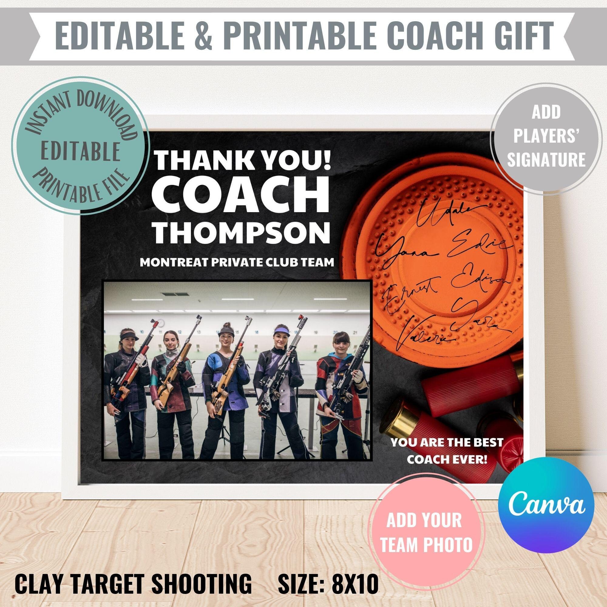 Editable Clay Target Trap Shooting Coach Gift Printable Instant Digital Download Thank you Appreciation Certificate Team Photo for signature