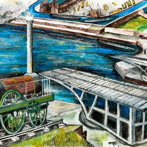 A3 Buck 1830s Locomotive at swing bridge over North Dock to Swansea Canal . Swansea Vale Railway Heritage Gouache painted Reconstruction