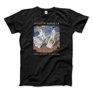 May include: Black t-shirt with a painting of two women in white dresses walking along a beach. The text "JOAQUÍN SOROLLA" and "STROLLING ALONG THE SEASHORE" is printed on the shirt.