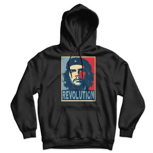 May include: Black hooded sweatshirt featuring a graphic of a man with a star on his hat, set against a red and blue background. The word "REVOLUTION" is printed below the image in white letters.