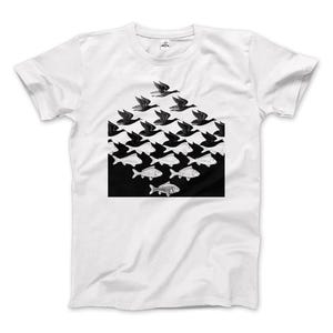 May include: White t-shirt with a black and white graphic print of a series of birds and fish that appear to be both flying and swimming. The design is a classic optical illusion.