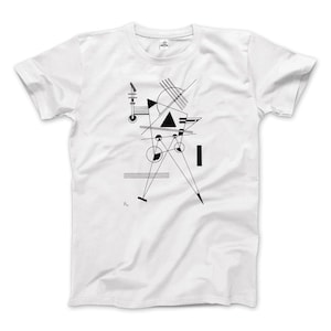 Puede incluir: Camiseta blanca con un diseño geométrico en blanco y negro. El diseño incluye líneas, círculos y triángulos.