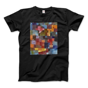 Puede incluir: Camiseta negra con una pintura abstracta colorida de cuadrados y rectángulos en tonos de azul, rojo, amarillo, verde y marrón.
