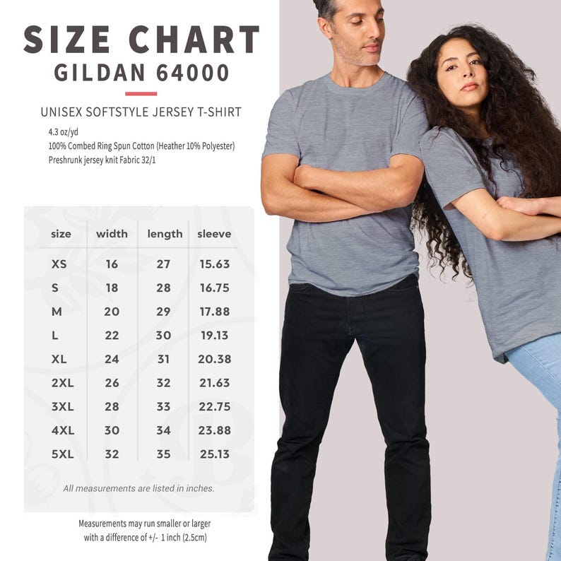 K&ouml;nnte beinhalten: Gr&ouml;&szlig;entabelle f&uuml;r das Gildan 64000 Unisex Softstyle Jersey T-Shirt. Die Tabelle zeigt die Ma&szlig;e in Zoll f&uuml;r Breite, L&auml;nge und &Auml;rmell&auml;nge f&uuml;r die Gr&ouml;&szlig;en XS bis 5XL. Der Stoff ist 4,3 oz/yd, 100 % gek&auml;mmte Ringspinn-Baumwolle (Heather 10 % Polyester).