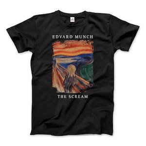 May include: Black t-shirt featuring a graphic print of Edvard Munch's "The Scream" painting. The text "Edvard Munch" and "The Scream" are printed in white below the image.