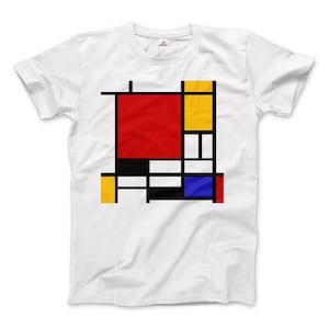Puede incluir: Camiseta blanca con un diseño geométrico en rojo, amarillo, azul y negro.