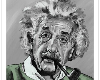 May include: A black and white illustration of Albert Einstein with a pipe in his mouth. He is wearing a green shirt and has a white collar.