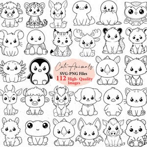 K&ouml;nnte beinhalten: Schwarz-Wei&szlig;-Illustrationen verschiedener niedlicher Tiere, darunter eine Kuh, ein Leopard, eine Eule und ein Pinguin. Das Bild enth&auml;lt den Text "Cute Animals" und "112 High-Quality Images."