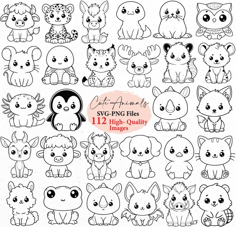 K&ouml;nnte beinhalten: Schwarz-Wei&szlig;-Illustrationen verschiedener niedlicher Tiere, darunter eine Kuh, ein Leopard, eine Eule und ein Pinguin. Das Bild enth&auml;lt den Text "Cute Animals" und "112 High-Quality Images."