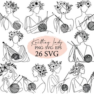 Mulher elegante tricotando com flores, arte linear contínua, pacote SVG, svg cricut, rabisco, estilo desenhado à mão, linda mulher PNG, tatuagem de arte linear