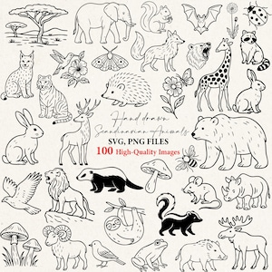 Scandinavian animals, animals svg, animals png, animals, safari animals, kawaii animals, woodland animals, svg bundle, svg files, doodles