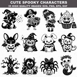 May include: A collection of 35 black and white digital illustrations titled CUTE SPOOKY CHARACTERS, featuring various creatures including a dragon, pirate skeleton, girl, cupcake, bat, owl, rabbit, mouse, tree, monster, spider, and mermaid skeleton.