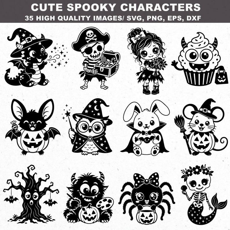 May include: A collection of 35 black and white digital illustrations titled CUTE SPOOKY CHARACTERS, featuring various creatures including a dragon, pirate skeleton, girl, cupcake, bat, owl, rabbit, mouse, tree, monster, spider, and mermaid skeleton.