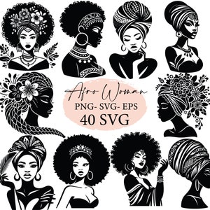 Bellissimo pacchetto di file di taglio SVG con silhouette di donna africana, afro con fiore SVG, svg cricut, donna nera, clipart afro, nativo afroamericano