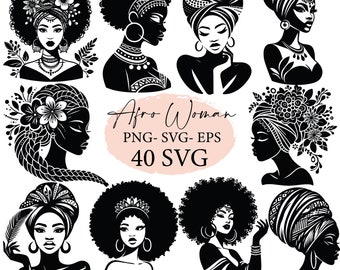 Beautiful african woman silhouette SVG cut file bundle, afro with flower SVG, svg cricut, black woman, afro clipart, native african american