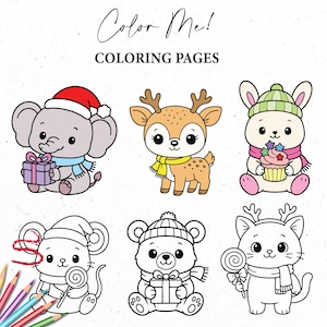 May include: Coloring pages featuring six adorable cartoon animals: an elephant, deer, bunny, mouse, bear, and cat. Each animal is wearing winter accessories and holding gifts or treats. The text "Color Me! Coloring Pages" is at the top.