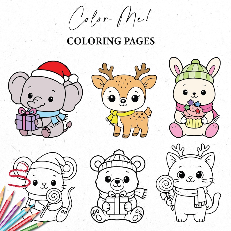 May include: Coloring pages featuring six adorable cartoon animals: an elephant, deer, bunny, mouse, bear, and cat. Each animal is wearing winter accessories and holding gifts or treats. The text "Color Me! Coloring Pages" is at the top.