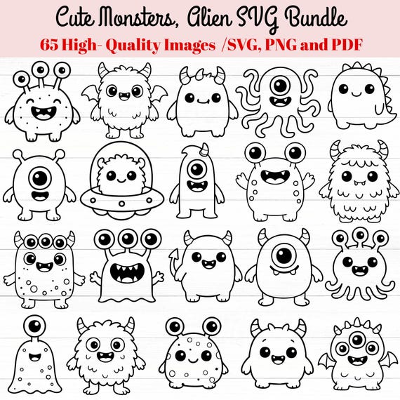 65 Cute monsters svg, monsters png, cute alien svg, monster vector clipart, SVG cut file, svg cricut, monster coloring pages, svg bundle