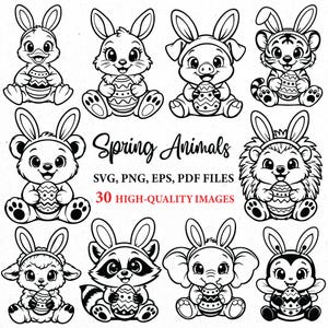 May include: A collection of black and white illustrations featuring spring animals such as rabbits, a pig, and a tiger, each holding an Easter egg. The image also includes the text "Spring Animals" and file type information.
