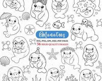 Cute Manatees svg, ocean png clipart, underwater svg, sea animals svg, cute kawaii png, fish svg, manatees outline, animals svg, svg cricut
