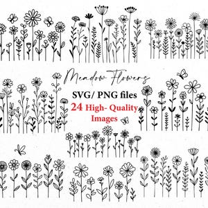 Flores silvestres svg, pacote de flores svg, SVG Cricut, pacote svg, flores do prado PNG, floral svg, clipart botânico, lineart de flores, desenhado à mão