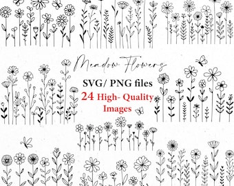 Wildflowers svg, flowers svg bundle, SVG Cricut, svg bundle, meadow flowers PNG, floral svg, botanical clipart, flower lineart, handrawn