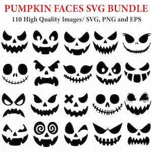 以下が含まれることがあります： ハロウィーン用の黒いカボチャの顔のデザインのコレクション。画像には、怒っている、笑顔、驚いたなど、さまざまな表情の彫刻されたカボチャの顔が含まれています。上部のテキストは「PUMPKIN FACES SVG BUNDLE」と書かれています。