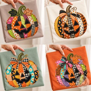 May include: Four fabric squares featuring patchwork pumpkin appliqués with jack-o'-lantern faces. Each pumpkin is constructed from various patterned fabric segments, including polka dots, stripes, and spiderwebs, accented with bows and stems.