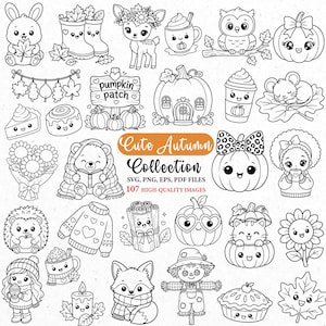 Peut inclure: Ensemble d'illustrations en noir et blanc sur le thème de l'automne. Les images incluent un lapin, des bottes, un cerf, une tasse de café, un hibou, des citrouilles, une souris, un ours, un pull, un renard, un épouvantail et le texte "Cute Autumn Collection".