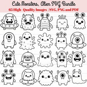 May include: A collection of black and white cartoon monster illustrations. The image includes various cute alien designs, some with antennae, horns, and multiple eyes. Text at the top reads "Cute Monsters, Alien SVG Bundle". The text below says "65 High-Quality Images /SVG, PNG and PDF".