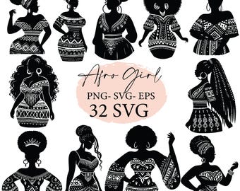 African chunky  women, silhouette SVG, afro art, afro girl svg,  Black woman png, tribal african girl, black girl png, svg files, svg bundle