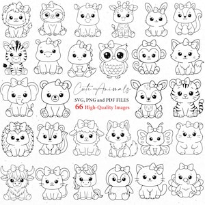 Puede incluir: Dibujos lineales en blanco y negro de varios animales lindos, incluyendo un león, un perezoso, un rinoceronte, una jirafa, un conejo, una cebra, un oso, un dinosaurio, un búho, un mono, un zorro, un elefante, un ciervo, un tigre, un erizo, una ardilla, una oveja, un lobo, una mariposa, un hámster, un toro, un ratón, un pony, un pingüino, un gato y un pavo. Se muestra el texto "Cute Animals".
