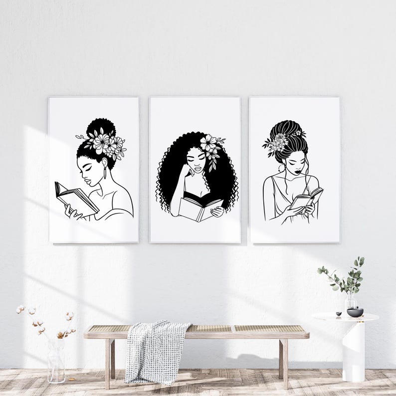 May include: Three black and white illustrations of women reading books. Each woman has a different hairstyle and is wearing a floral crown. The illustrations are set against a white background.