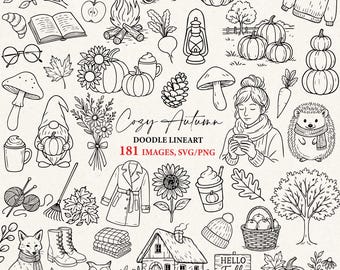 Cozy Fall svg, autumn svg bundle, handrawn doodle, svg files, svg cricut, autumn svg cut files, autumn png clipart, thanksgiving , line art