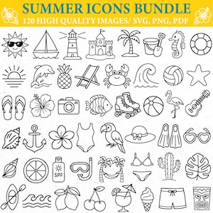 Op de afbeelding: Zwart-wit zomer iconenbundel. Bevat afbeeldingen van een zon, zeilboot, vuurtoren, zandkasteel, palmboom, strandstoel, krab, golf, volleybal, zeester, slippers, hibiscus, camera, vis, rolschaatsen, flamingo, gitaar en meer.
