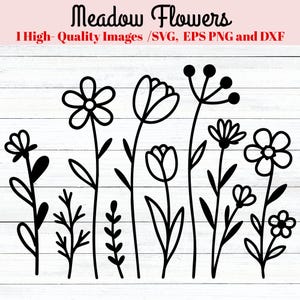 May include: Black and white line art illustration of a meadow with various flowers. The flowers include daisies, tulips, and other wildflowers.